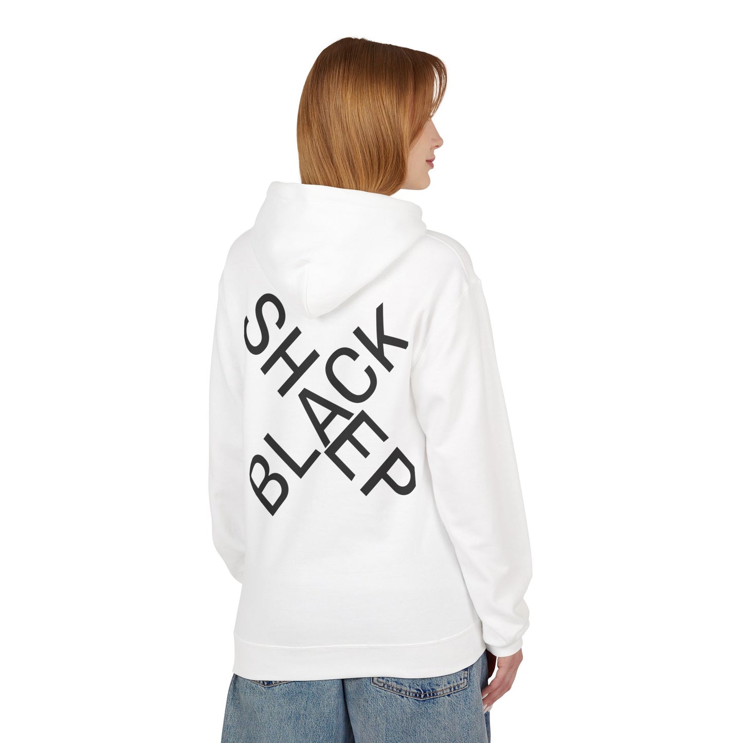 Black Sheep Graphic Hoodie — Bold Diagonal Text & Logo Pattern