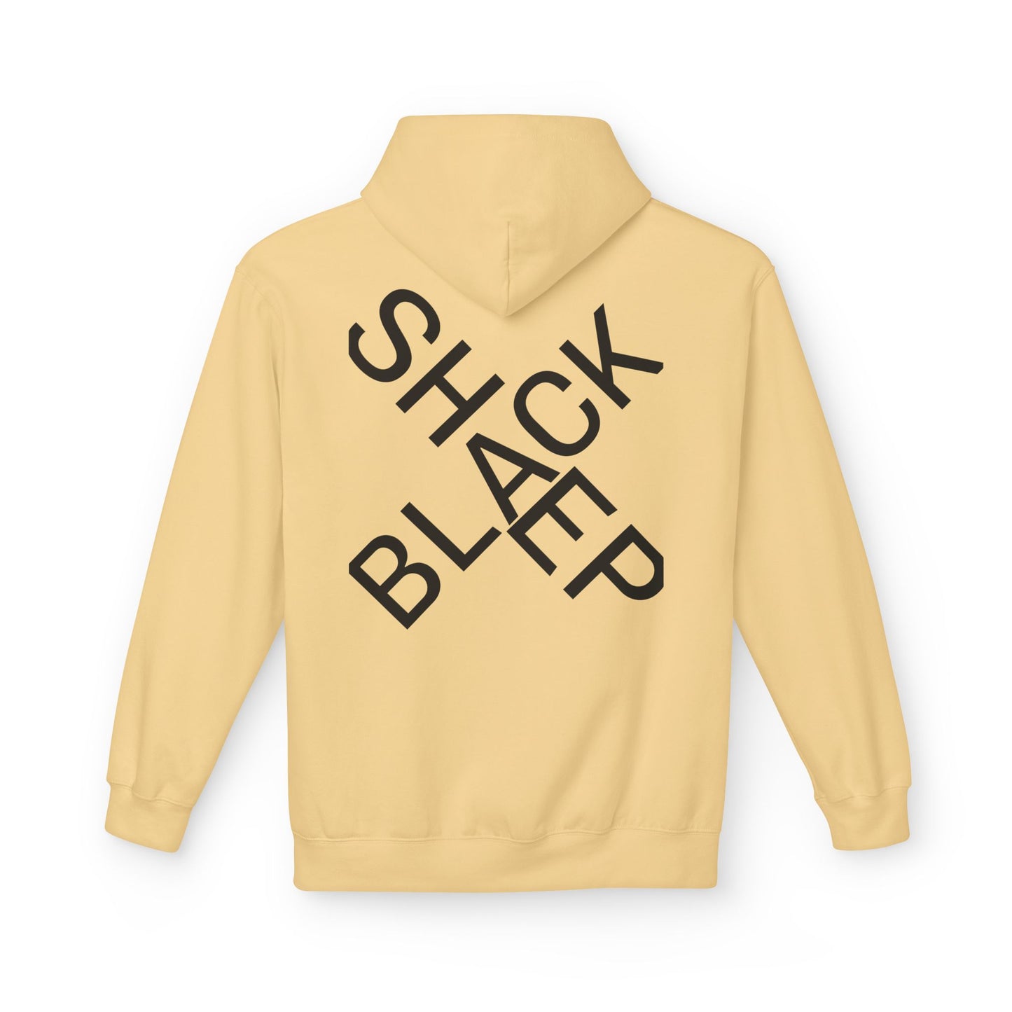 Black Sheep Graphic Hoodie — Bold Diagonal Text & Logo Pattern