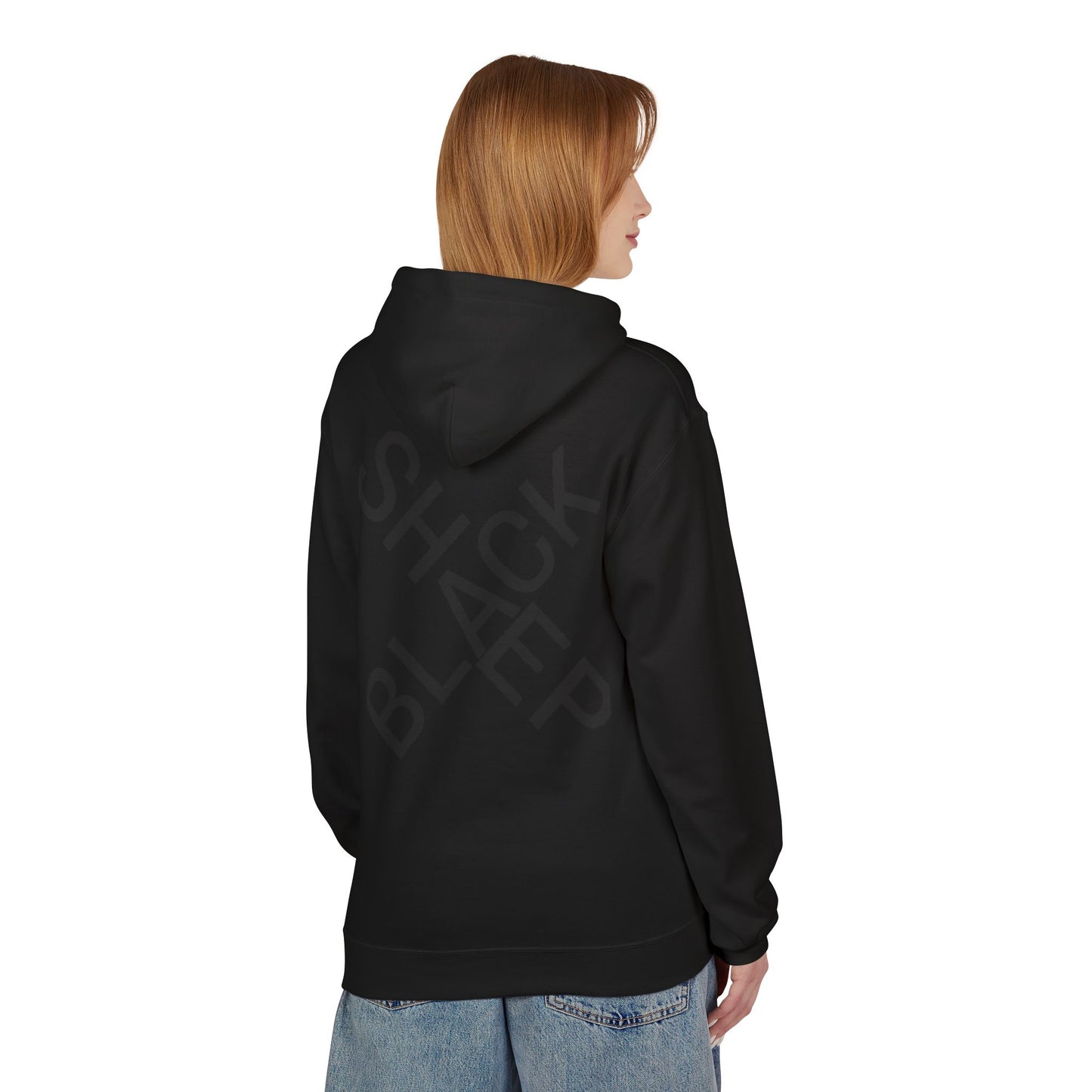 Black Sheep Graphic Hoodie — Bold Diagonal Text & Logo Pattern