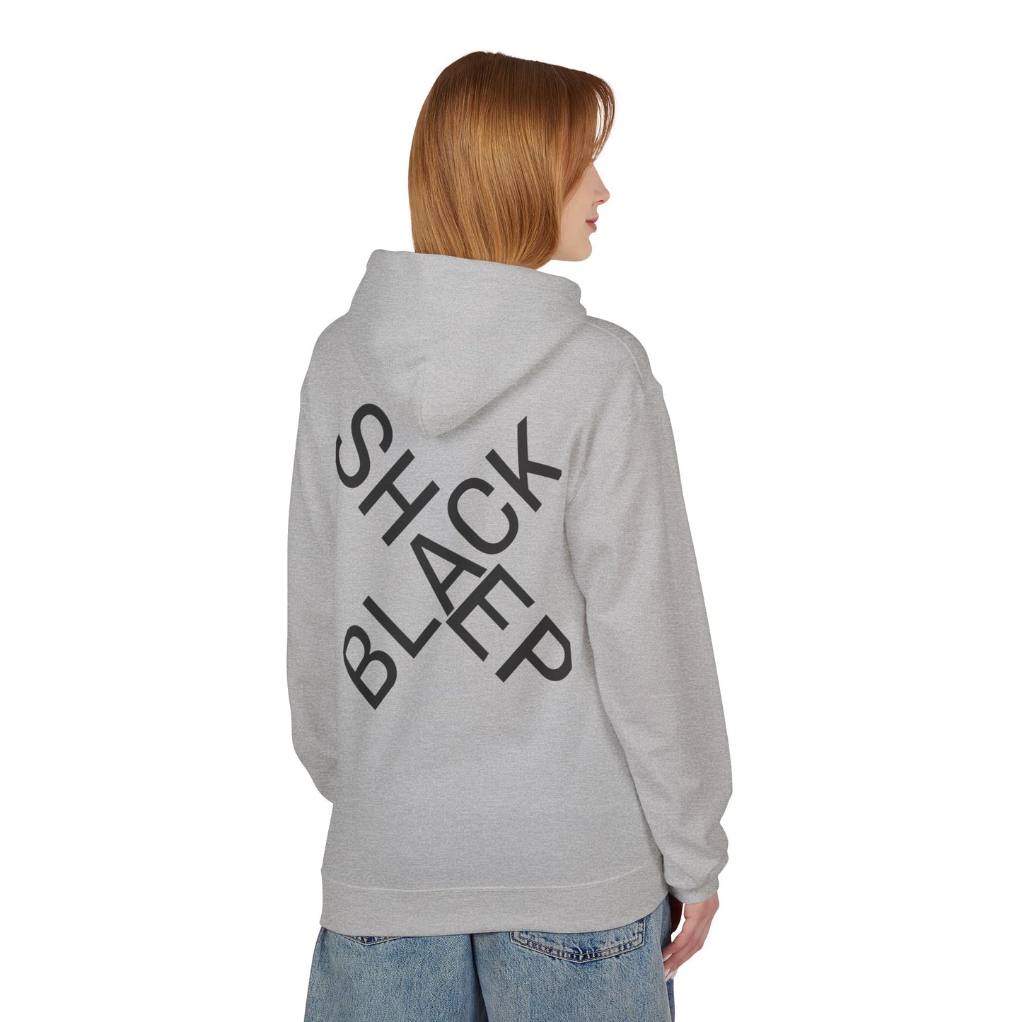 Black Sheep Graphic Hoodie — Bold Diagonal Text & Logo Pattern