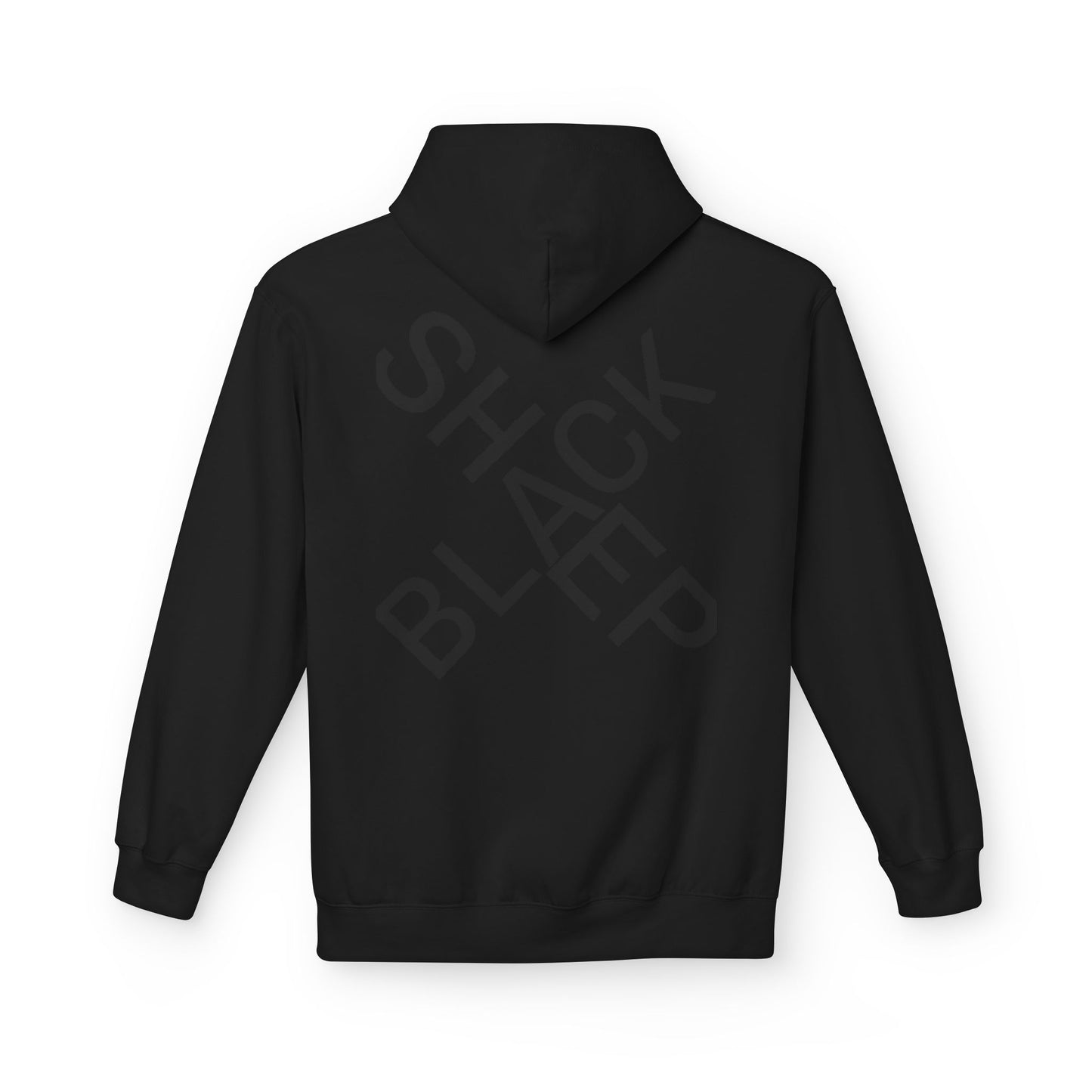 Black Sheep Graphic Hoodie — Bold Diagonal Text & Logo Pattern