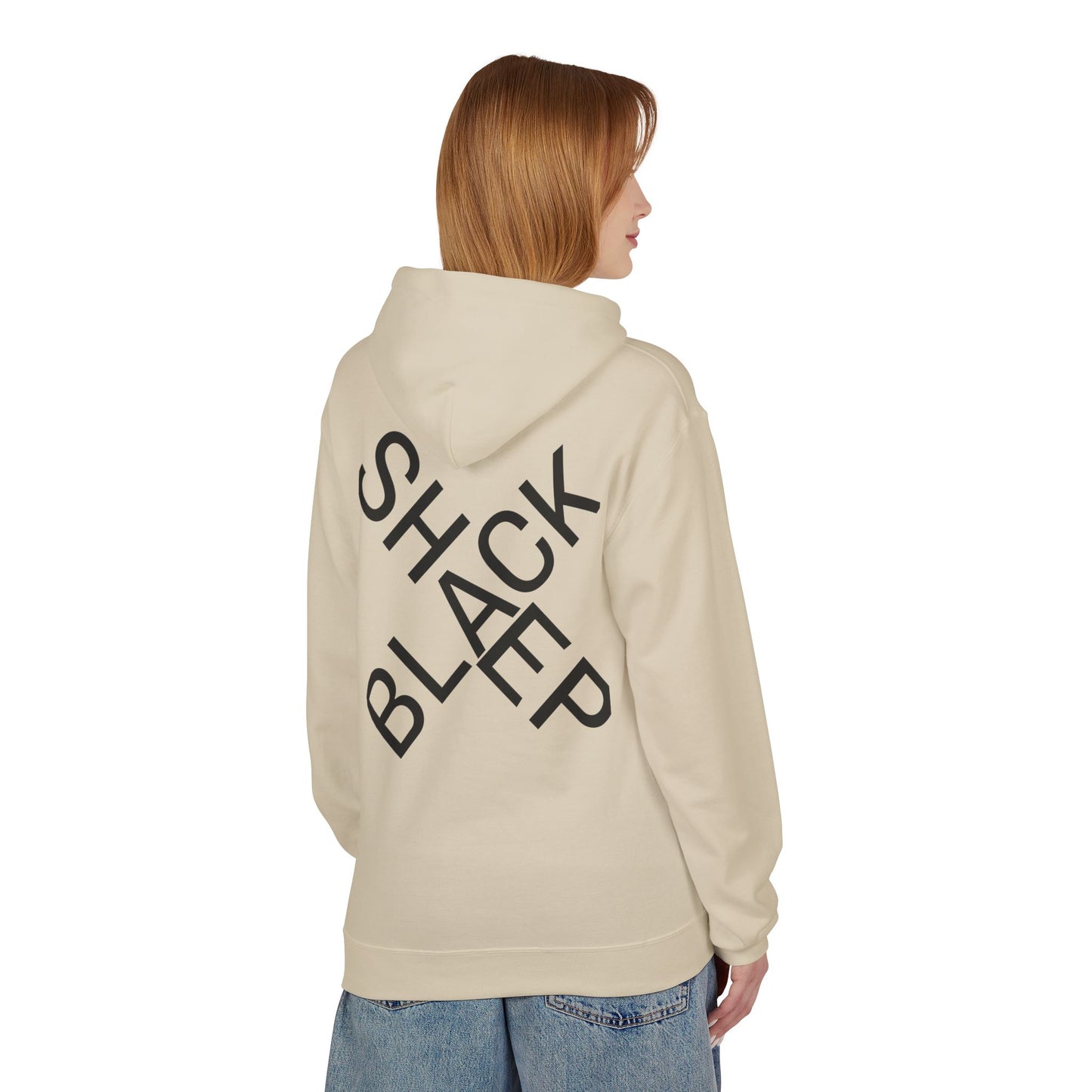 Black Sheep Graphic Hoodie — Bold Diagonal Text & Logo Pattern